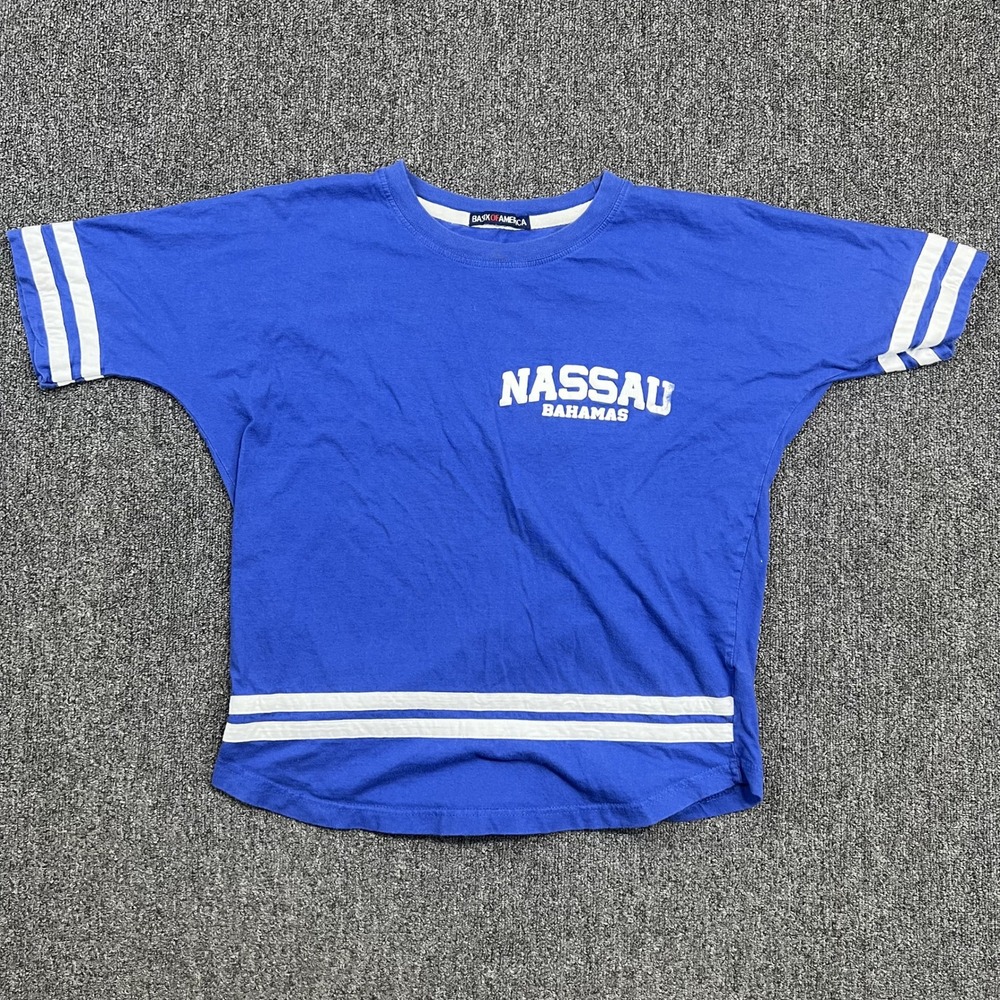 Basix of America Y2K Nassau Bahamas Tee M Blue Cotton Batwing Varsity Streetwear